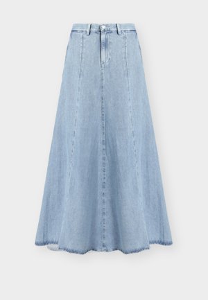 Ανοιχτό μπλε, ψηλόμεση φούστα από τζιν σε γραμμή Α με θηλιές για ζώνη, κούμπωμα με κουμπιά μπροστά και φερμουάρ, εμφανιζόμενη σε μονόχρωμο φόντο.