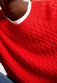 Un pull rouge en tricot avec un motif en câble, un col côtelé et un col intérieur blanc. Petite étiquette logo près du col.