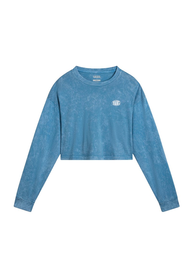 Hellblau gewaschener, gekürzter Sweatshirt mit langen Ärmeln von Vans, mit Rundhalsausschnitt und kleinem weißen Logo auf der linken Brust.
