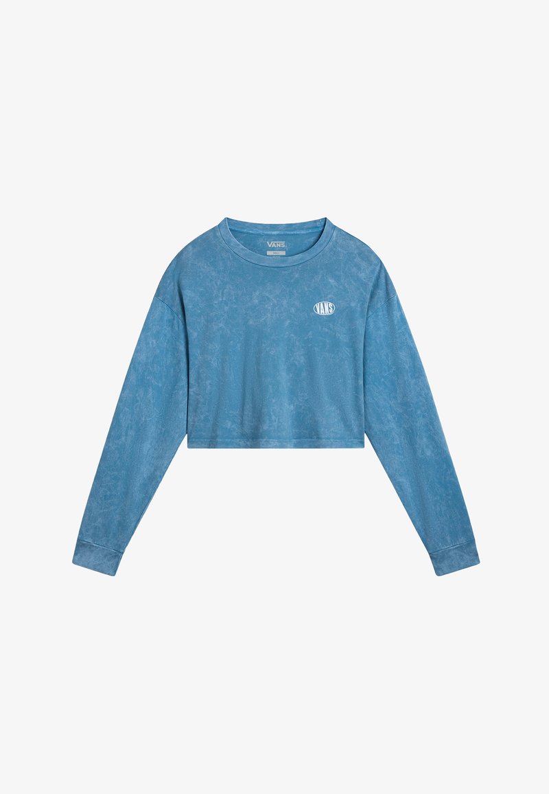 Vaaleansininen pesty lyhythihainen Vans-huppari, jossa on pyöreä kaula-aukko ja pieni valkoinen logo vasemmassa rinnassa.