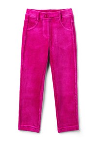 Jasnoróżowe spodnie z korduroju dla dzieci z guzikiem z przodu, pętelkami na pasek i dwoma bocznymi kieszeniami, ułożone na płaskiej białej powierzchni.