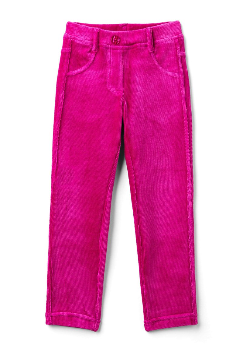 Jasnoróżowe spodnie z korduroju dla dzieci z guzikiem z przodu, pętelkami na pasek i dwoma bocznymi kieszeniami, ułożone na płaskiej białej powierzchni.