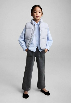 Hellgraue Steppweste über einem hellblauen Hemd mit Knöpfen, kombiniert mit dunkelgrauen weitgeschnittenen Hosen und schwarzen Ballerinas. Einfaches, lässiges Design.