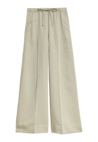 Beige, weit geschnittene Hosen aus leichtem Stoff, mit einem elastischen Bund und einer Zugkordel. Glatte Textur und keine Muster.