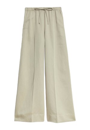 Beige, wide-leg pants made from a lightweight fabric, featuring an elastic waistband with a drawstring. Smooth texture and no patterns.
