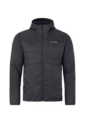 Veste noire isolée pour homme avec capuche, présentant une partie supérieure matelassée, un bas lisse et un logo discret sur la poitrine gauche.