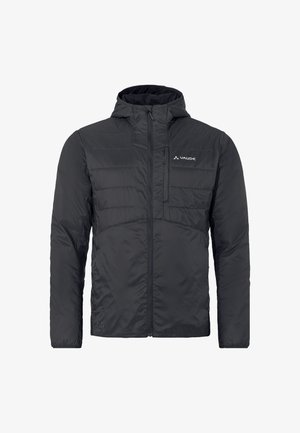 Giacca nera isolante da uomo con cappuccio, dotata di una parte superiore trapuntata, corpo inferiore liscio e logo discreto sul lato sinistro del petto.