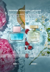 To parfume flasker i vand med blomster og frugter: Blue Seduction med melon, peon og melonskive; Queen of Seduction med jasmin, læder og hindbær.