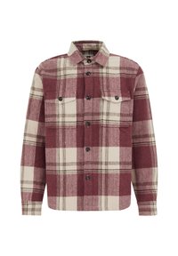 Kariertes Flanellhemd in Kastanienbraun und Creme, mit zwei Brusttaschen, durchgehender Knopfleiste und klassischem Kragen.