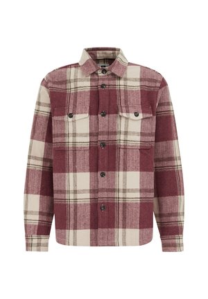 Triibuline fliispaita bordoopunase ja kreemika tooniga, millel on kaks rinnataskut, eest nööbitav ja klassikalise kraega.