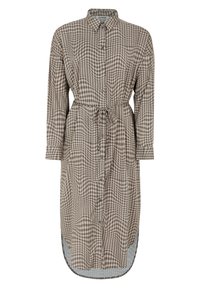 Button-up dress in a brown and cream checkered pattern, with a tie waist, long sleeves, and a high-low hemline. Soft fabric texture.