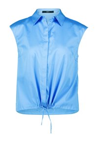 Blouse sans manches bleu clair avec un devant boutonné, un col et un ourlet à cordon de serrage. Fabriquée en tissu brillant avec une texture lisse.