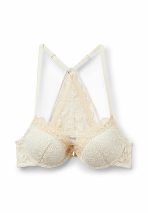 Reggiseno in pizzo crema con design a schiena a “racerback” smerlata, spalline regolabili e chiusura frontale.