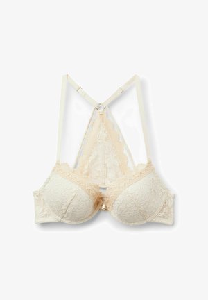 Reggiseno in pizzo crema con design a schiena a “racerback” smerlata, spalline regolabili e chiusura frontale.
