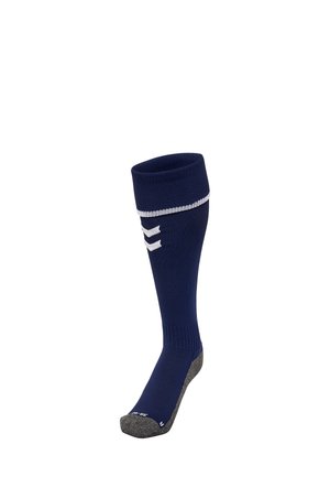 Knæhøje sokker i marineblå, ribbet design, med en hvid stribe og tre hvide chevrons på siden, samt en grå tå og hæl.