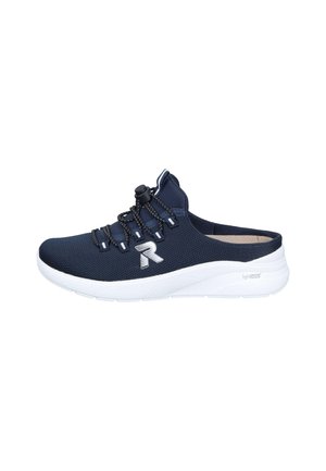 Navy blue slip-on sneaker with white sole, elastic bungee laces, and embroidered "R" logo on the side.