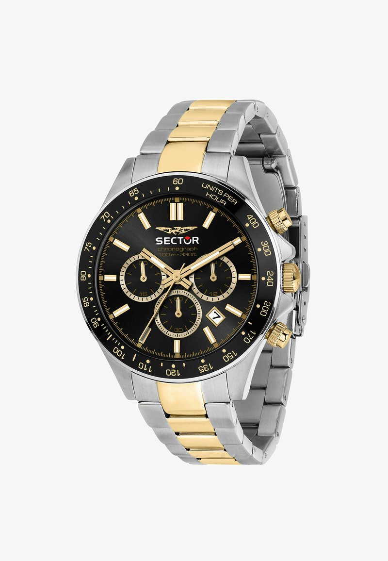 Chronograph watch with a black dial, stainless steel casing, and gold-tone accents, featuring three sub-dials and a date display.