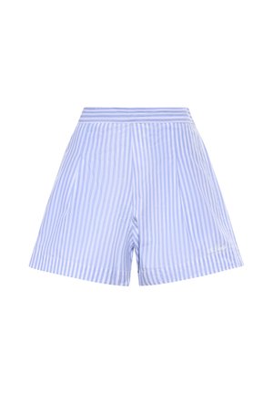 Shorts de talle alto con rayas verticales azul claro y blanco, perneras anchas, pliegues y cinturilla ajustada.