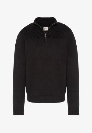 Suéter negro de punto con cuello acanalado y media cremallera. Presenta un cuerpo texturizado y mangas largas con puños ajustados.