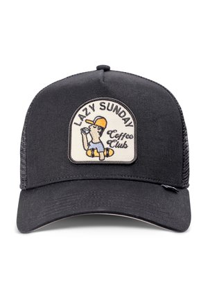 Black mesh-back cap with patch showing a person in a yellow cap drinking coffee, skateboard underneath, and text "LAZY SUNDAY Coffee Club."