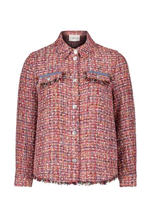 Red and pink tweed jacket with a collar, two front pockets, frayed edges, and silver buttons. Textured fabric with a multicolored pattern.