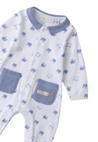 Bodysuit bianco per neonato con stampa di balena blu, colletto a righe blu e due tasche a righe blu. Tessuto morbido con chiusure a scatto sul davanti.