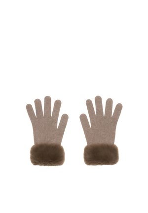Paar beige Strickhandschuhe mit braunen Pelzmanschetten, flach und offen auf weißem Hintergrund gelegt.