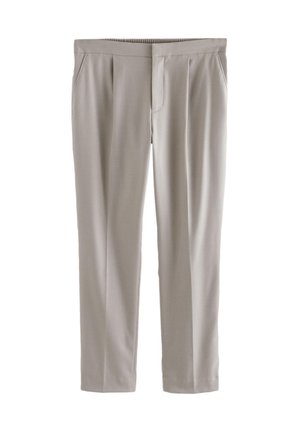 Hellgraue Hose aus glattem Stoff, mit geradem Schnitt, vorne mit Falten und zwei Seitentaschen sowie einem elastischen Bund.