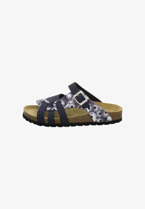 Open-toe sandal with three navy straps, one adjustable buckle, floral patterned strap, cork footbed, and black rubber sole.