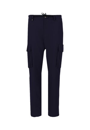 I pantaloni cargo blu navy presentano una vita con coulisse, due tasche laterali e due grandi tasche cargo sulle cosce. Realizzati in tessuto leggero.