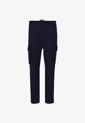 I pantaloni cargo blu navy presentano una vita con coulisse, due tasche laterali e due grandi tasche cargo sulle cosce. Realizzati in tessuto leggero.