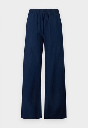 Marineblå bukser med brede ben, elastisk talje og flad front, lavet af let stof.