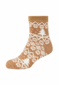 Calzini a maglia alla caviglia in marrone chiaro con motivi di fiocchi di neve e alberi bianchi. Polsino a costine e texture morbida, adatti per l'inverno.