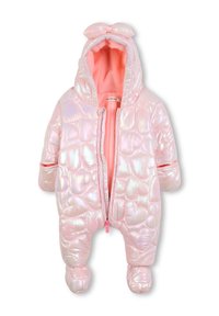 Padded różowy kombinezon narciarski z metalicznym wykończeniem, z miękką, jasnoróżową wyściółką z polaru, kapturem z kokardą i z designem z zakrytymi stopami.