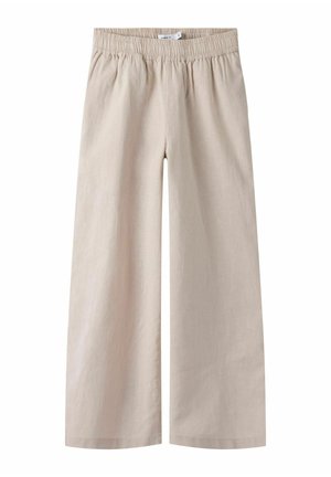 Pantaloni beige a gamba larga con elastico in vita, realizzati in tessuto leggero per un comfort casual.