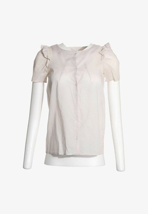 Hellrosa kurzärmelige Bluse mit Rüschen an den Schultern und Knöpfen vorne, gezeigt an einem weißen Schaufenster-Torso.