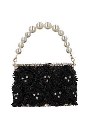 Sort flettet håndtaske prydet med blomsterudsmykninger, rhinsten og et håndtag af perlekæde. Har en metalisk kant øverst.