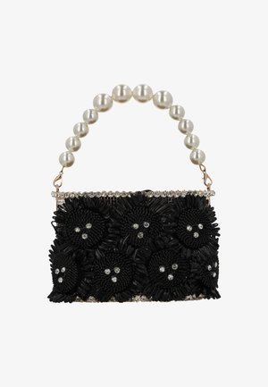 Sort flettet håndtaske prydet med blomsterudsmykninger, rhinsten og et håndtag af perlekæde. Har en metalisk kant øverst.