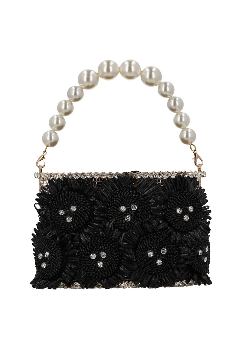 Schwarze gewebte Handtasche, verziert mit floralen Applikationen, Strasssteinen und einem Griff aus Perlenkette. Oben mit einer metallischen Einfassung versehen.