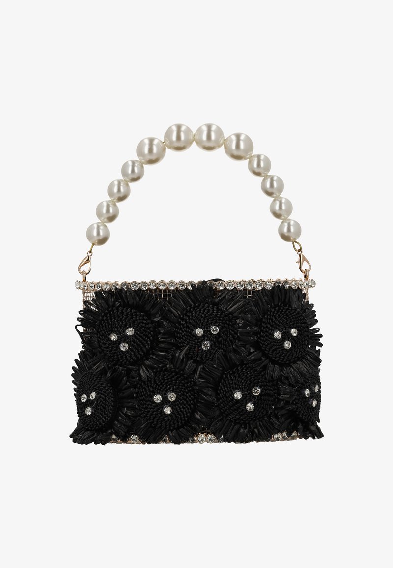 Zwarte geweven handtas versierd met bloemen, strass-steentjes en een hendel van parelketting. Heeft een metalen rand aan de bovenkant.