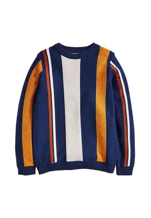 Sweter z okrągłym dekoltem z pionowymi paskami w kolorze granatowym, białym, żółtym musztardowym i rdzawym pomarańczowym, z długimi rękawami i ściągaczami przy mankietach.