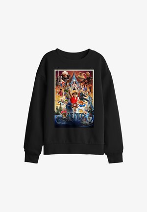 Black sweatshirt featuring colorful animated characters in pirate attire with swords, ships, and a skull logo from One Piece series.