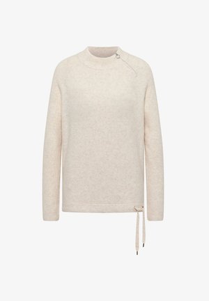 Beige gebreide trui met lange mouwen en een hoge halslijn, diagonale rits bij de kraag en een verstelbaar trekkoord aan de onderkant.