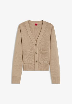 Beige knitted cardigan featuring a V-neck, three buttons, two front pockets, and ribbed cuffs and hem. HUGO logo subtly stitched on the pocket.
