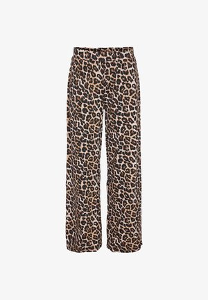 Pantalones de pierna ancha con estampado de leopardo en tonos marrón, negro y beige, con cintura alta y corte holgado.