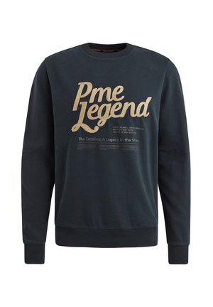 Donkerblauwe sweatshirt van een zachte stof met grote gouden tekst "Pme Legend" en extra bedrukte details eronder. Ribgebreide manchetten en zoom.