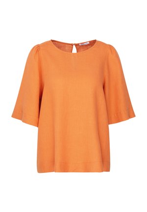 Kurzarmpullover in Orange mit rundem Ausschnitt und einem Schl�üssellochdetail auf der Rückseite. Hergestellt aus leichtem Stoff, mit fließender Passform und subtiler Textur.