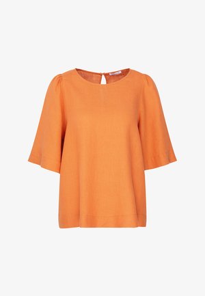 Kortærmet orange top med rund halsudskæring og nøglehulsværing i ryggen. Lavet af letvægtsstof, der har en flydende pasform og subtil tekstur.