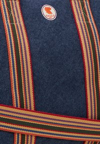 Canvas bag in dark blue with multicolored striped webbing handles. Circular logo in orange and white with a lion design.