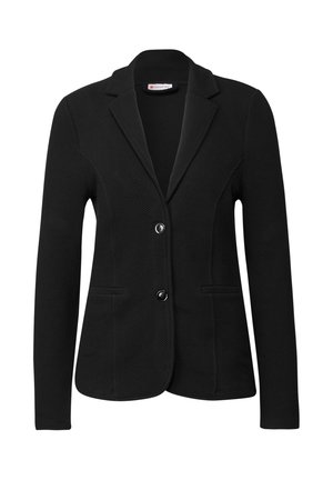 Schwarzes Blazer aus strukturiertem Stoff, mit Ein-Knopf-Verschluss, Reverskragen und zwei Fronttaschen. Taillierte Passform mit langen Ärmeln.
